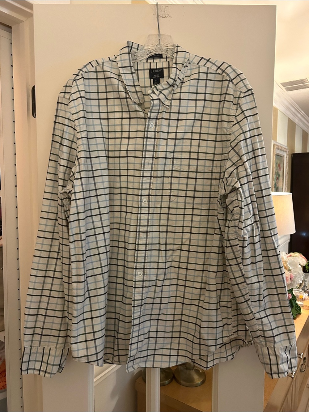 J. Crew Men’s White Button-Down Shirt with Light Blue and Navy Grid